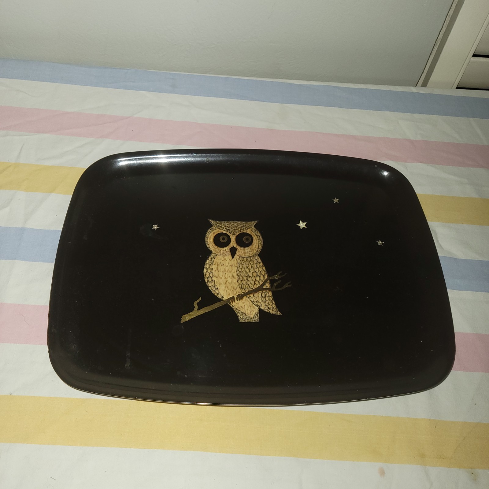 Vintage, Mid Century Couroc Black Enamel Tray With Owl FAST SHIPPING Vintage, Mid Century Couroc Black Enamel Tray With Owl FAST SHIPPING