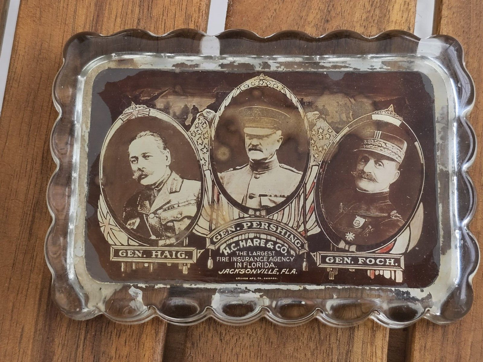 WWI ACME MFG 1918 GENERAL PERSHING FOCH HAIG FOCH CEDAR CHESTS GLASS PAPERWEIGHT