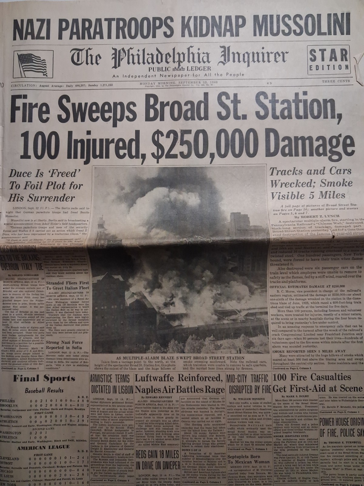 WWII 1943 The Philadelphia Inquirer Sept 13 OTTO SKORZENY RAID Broad St FIRE