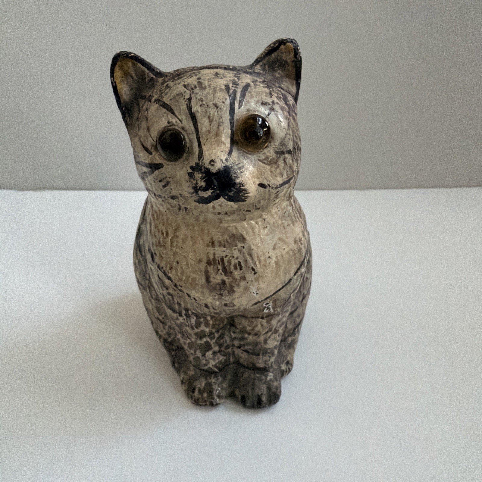 Vintage Cast Iron Bank Small Kitty Cat Figure Hand Painted Glass Eyes Nice