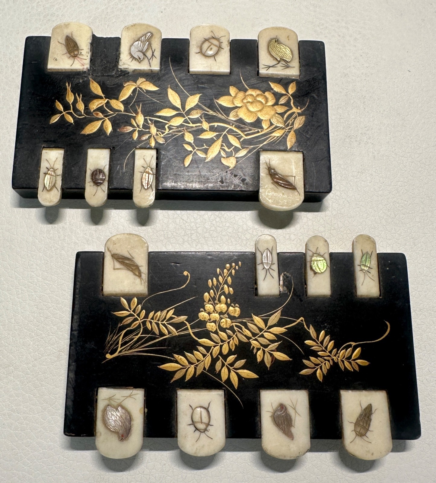 Pair Antique Japanese Lacquered Wood Shibayama Whist Counters Meji MOP Insects