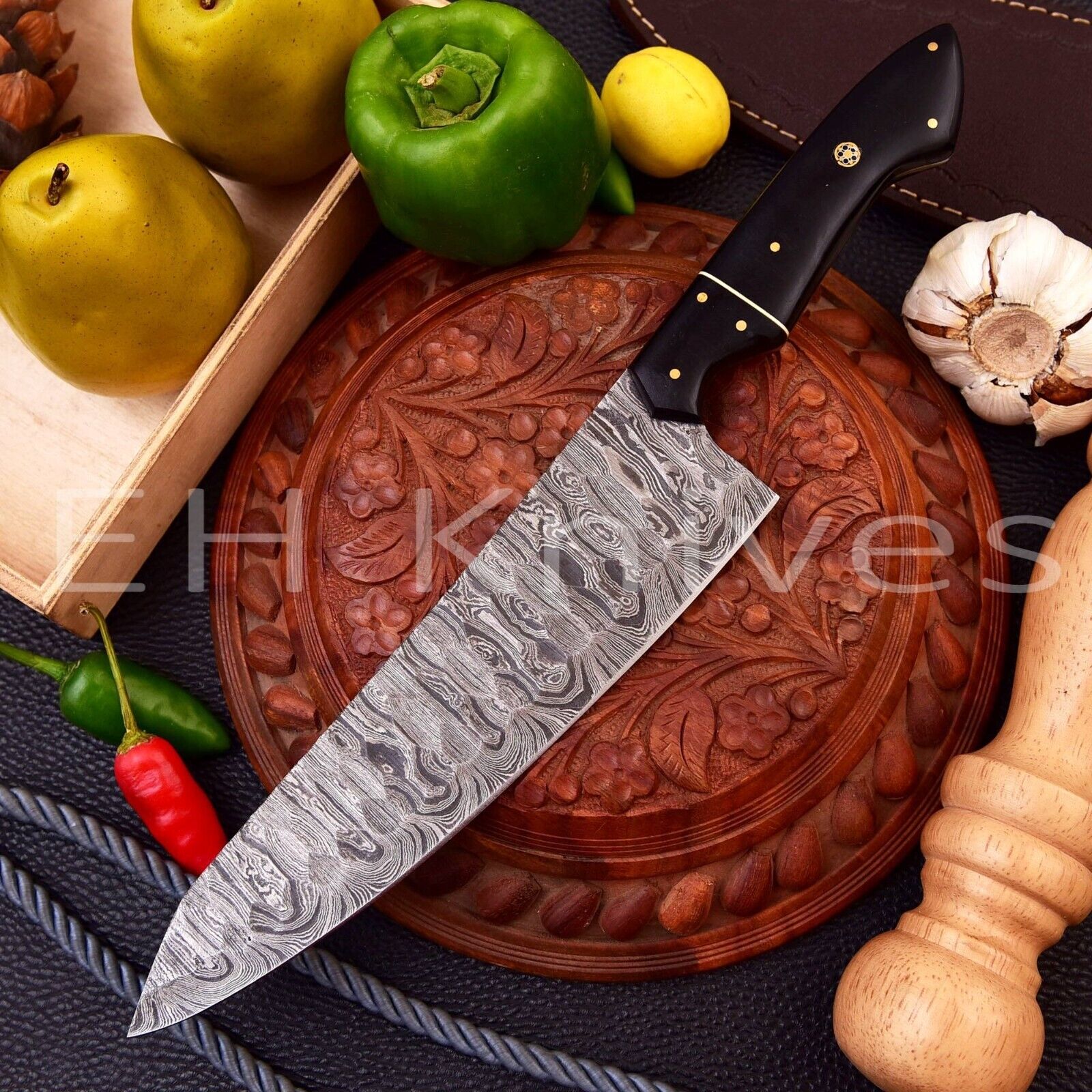 13\'\' Everest Custom Handmade Damascus Steel Kitchen Chef Knife W/ leather sheath