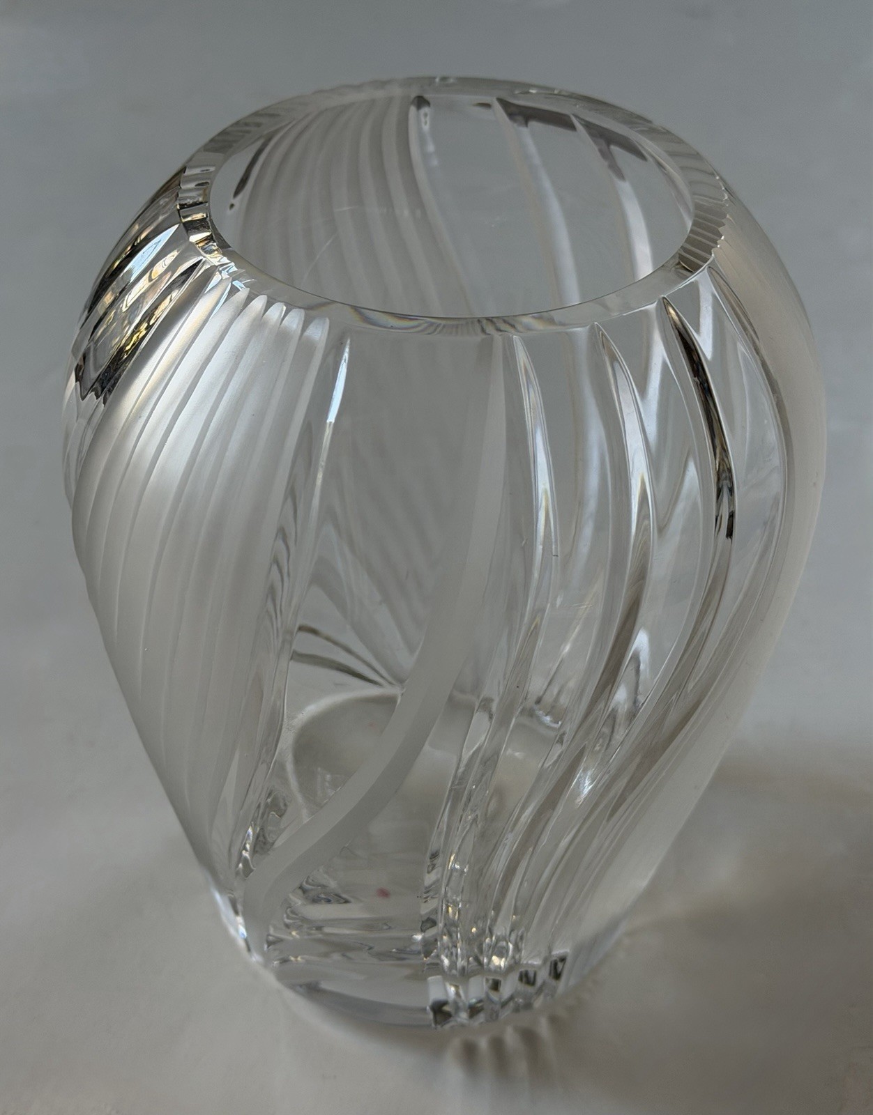Deep cut large crystal vase modern, organic style, 7” tall, wide mouth thick rim