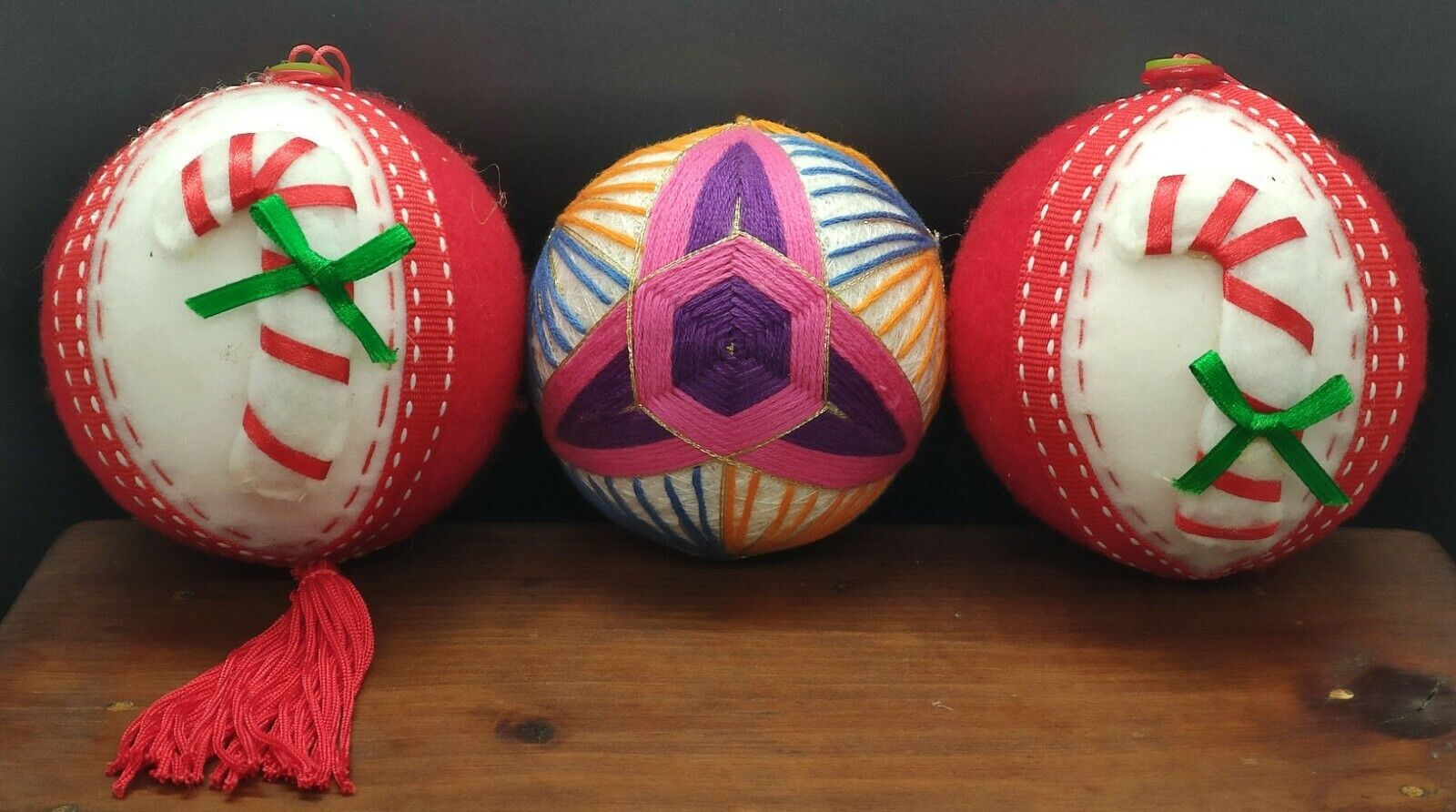 3 Vintage Handmade Ornaments- Felt And Yarn Wrapped Ornaments