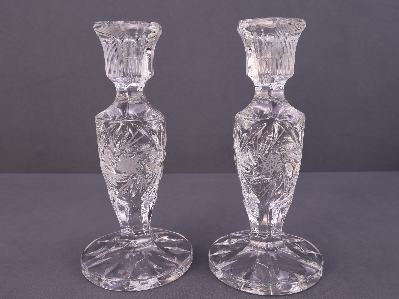 Vintage Lead Crystal Candle Stick Holders Pinwheel Star Hobstar Pattern 7