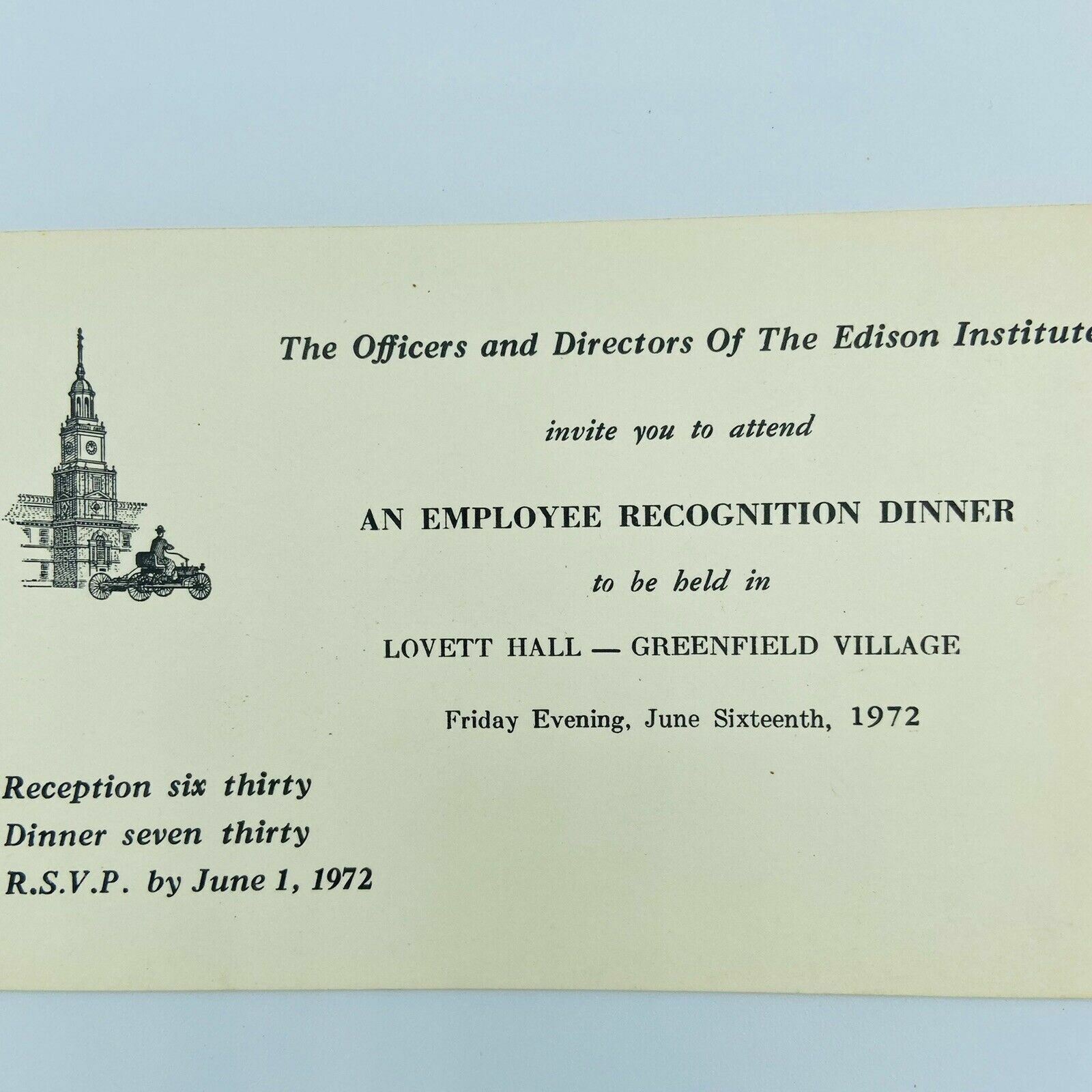 1972 Edison Institute Employee Recognition Dinner Invitation Lovett Greenville