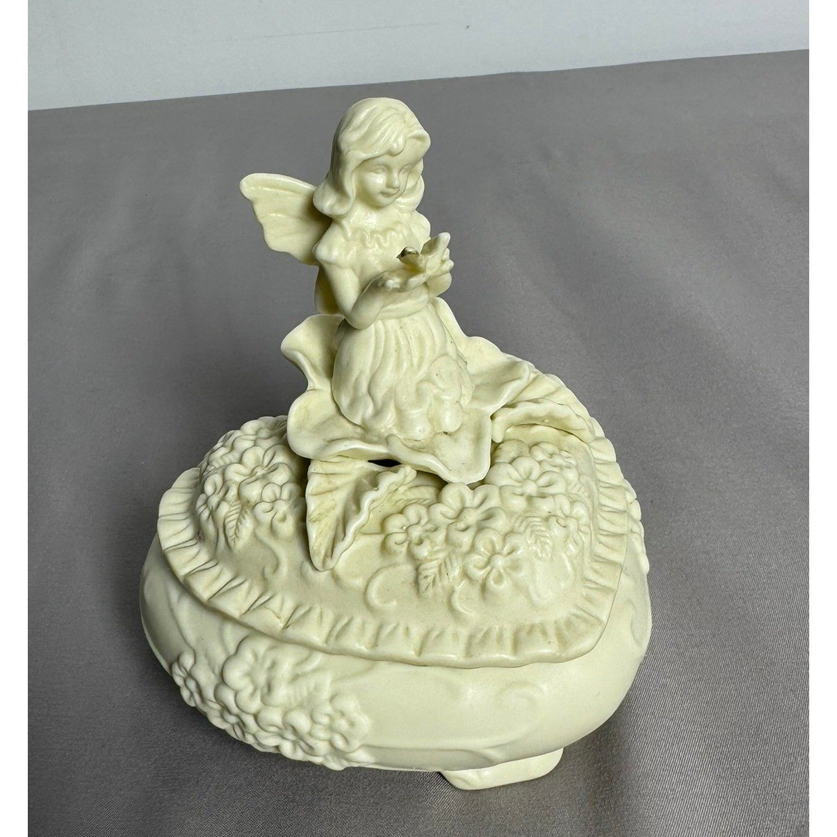 Vintage 1990 Albert E Price Heart Fairy Trinket Box Ceramic Cream Floral Bird