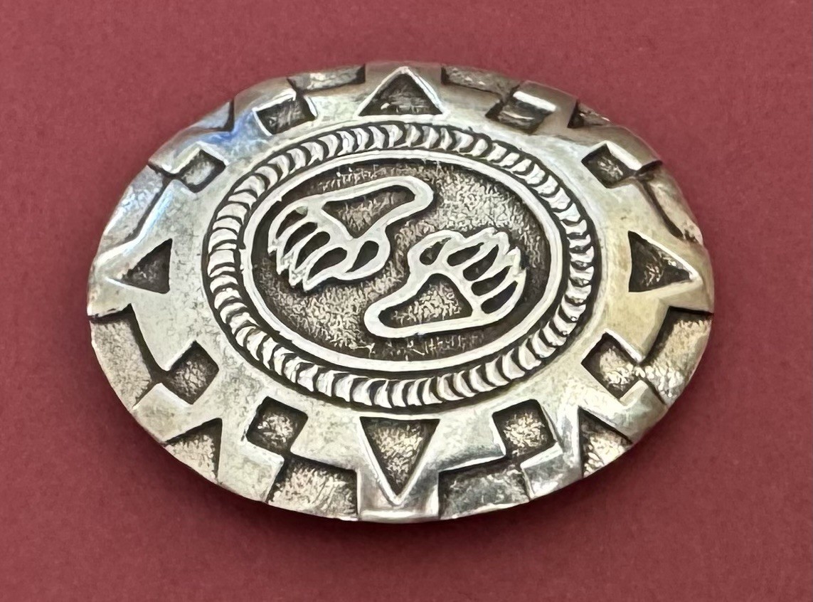 VTG Rare Native American Signed M Sterling Silver Double Bear Claw Belt Buckle