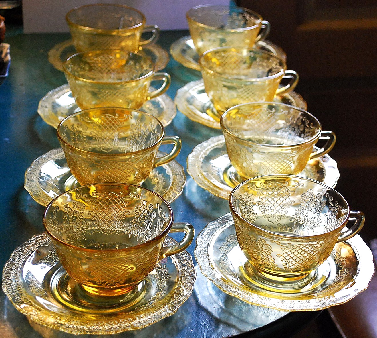 Vintage Set 8 CUP & SAUCER SETS Federal NORMANDIE AMBER 1930s Depression Glass