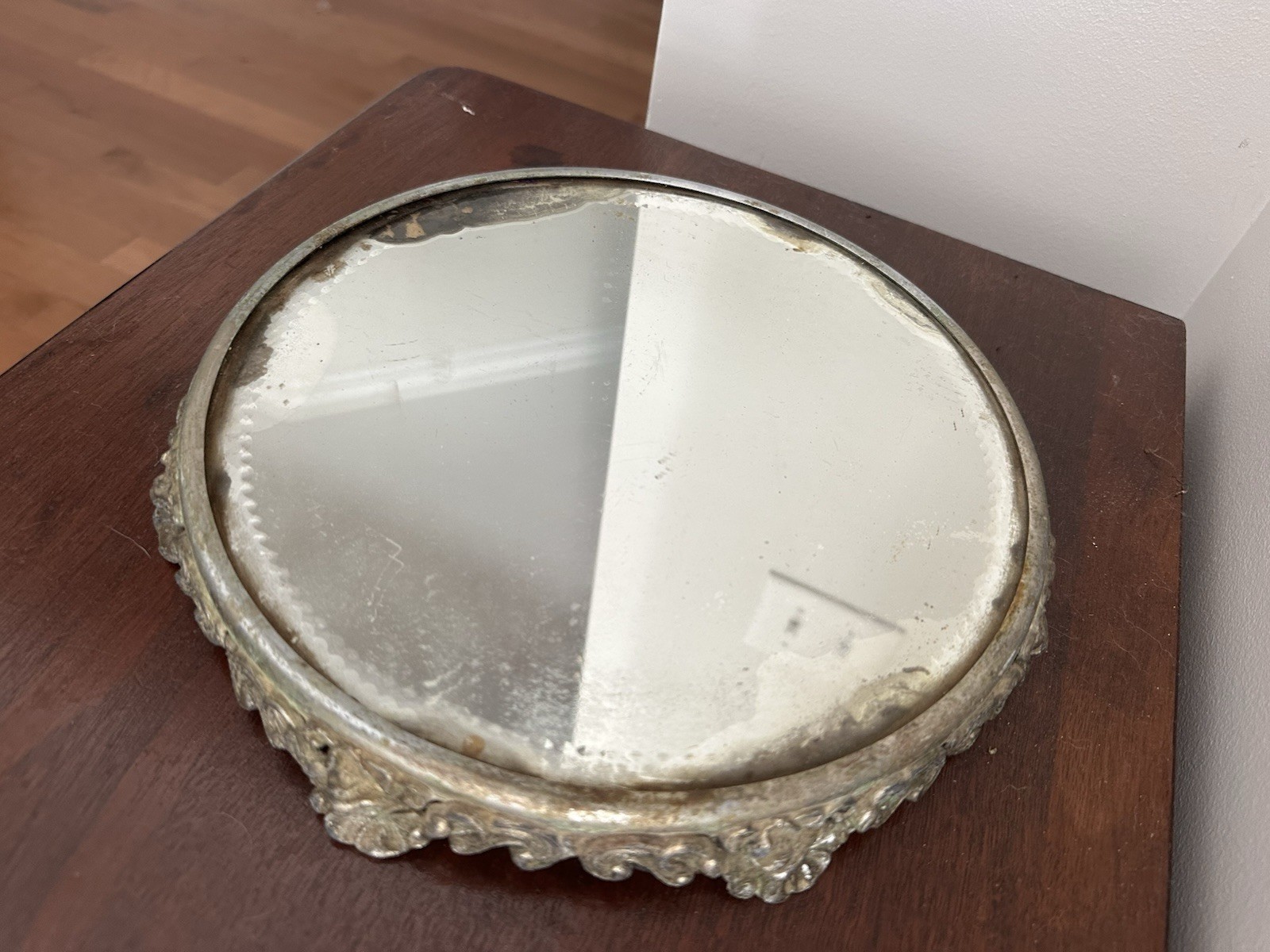 Vintage Antique Ornate Round Beveled Mirrored Vanity Tray