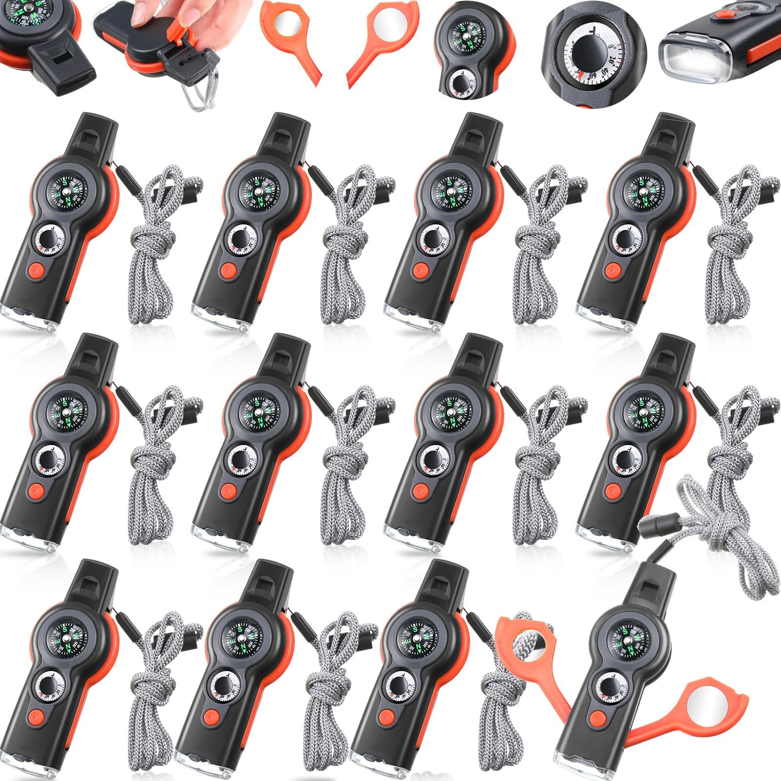 Arrowbash 12 Pack Emergency Survival Whistle 7-in-1 Compass Orange Arrowbash 12 Pack Emergency Survival Whistle 7-in-1 Compass Orange