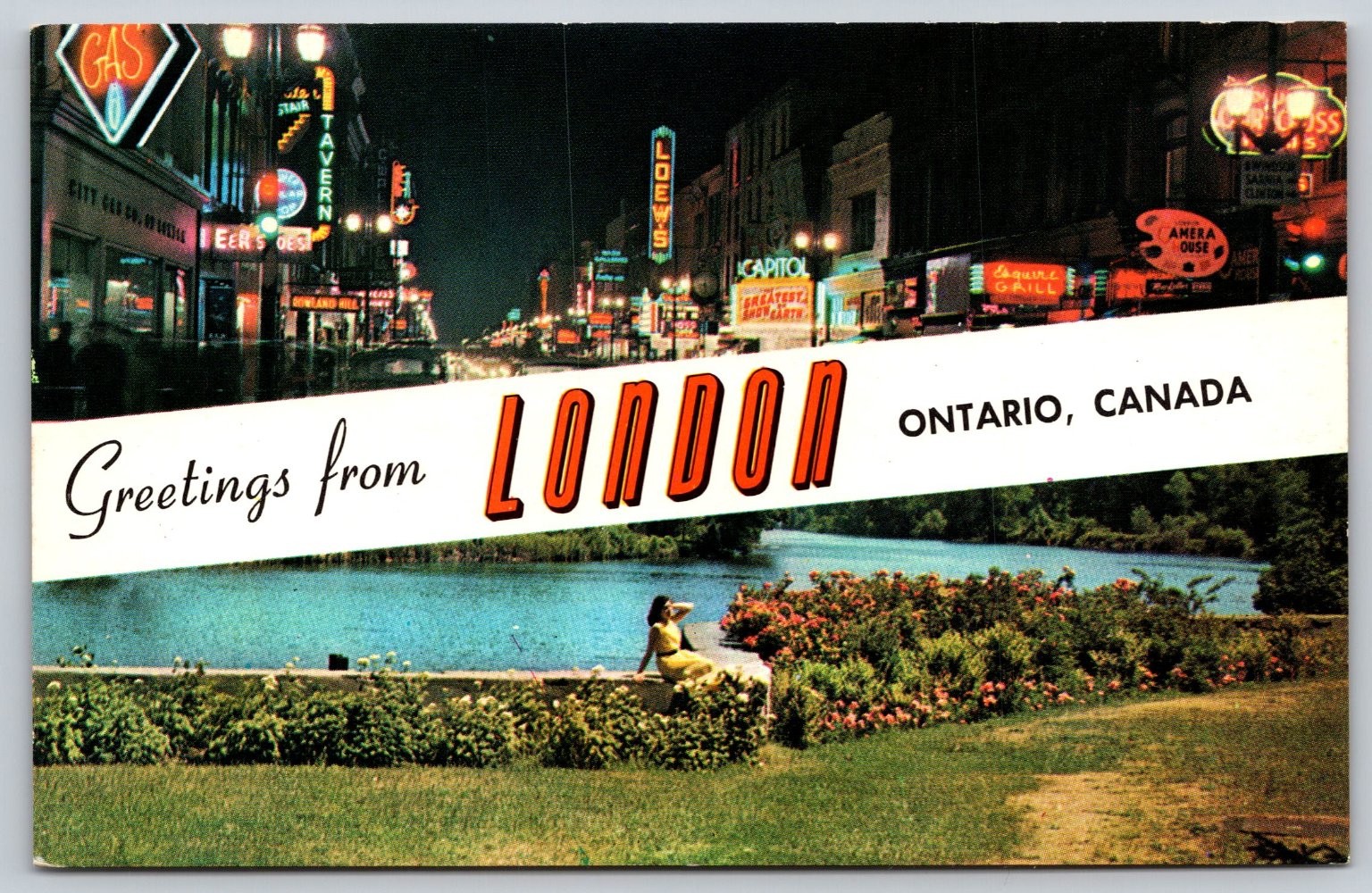 Greetings from London Ontario Postcard Dundas Street Springbank Park Night E185