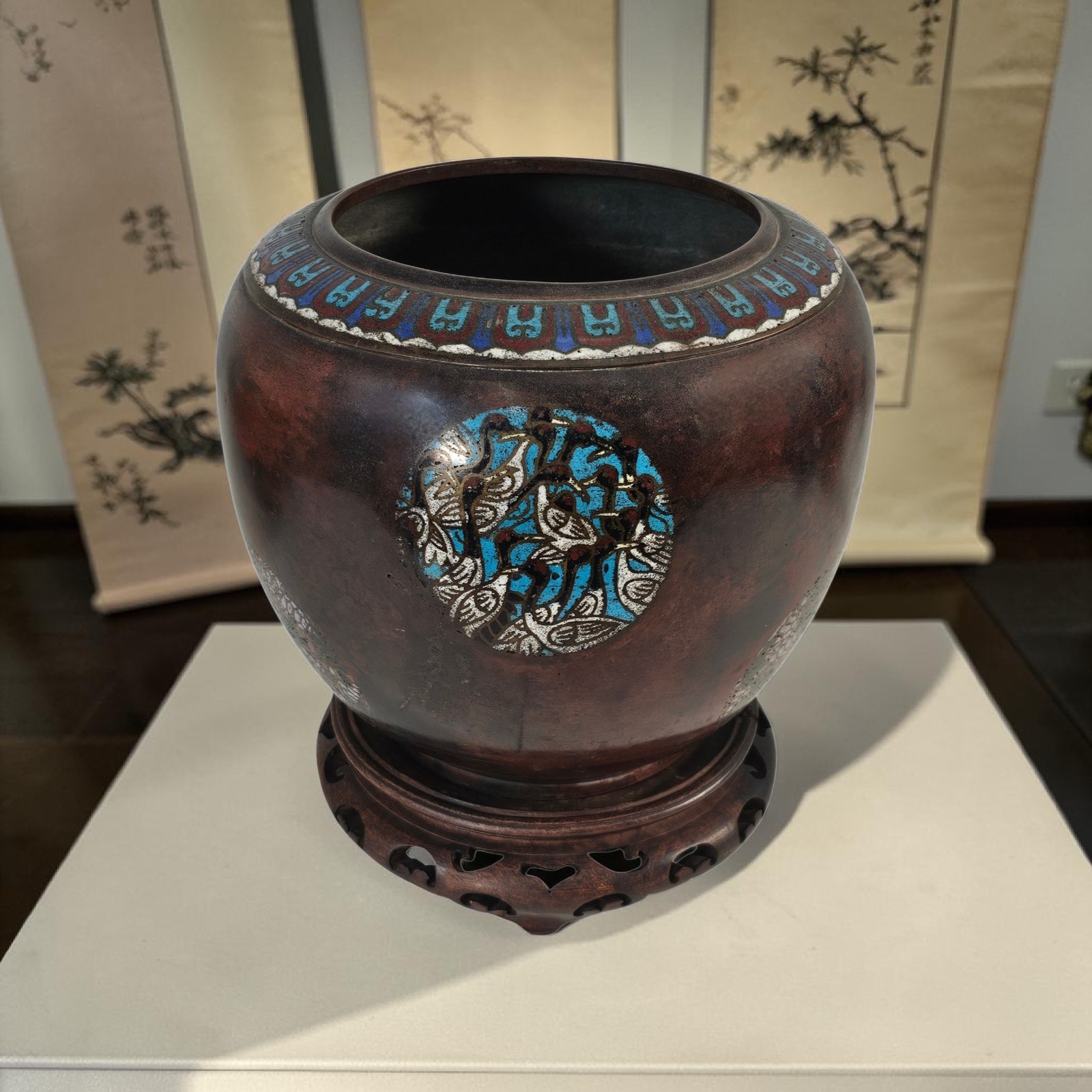 VTG Japanese Bronze Champlevé Jardinière Crane Turtle Enamel Cachepot 9.75\