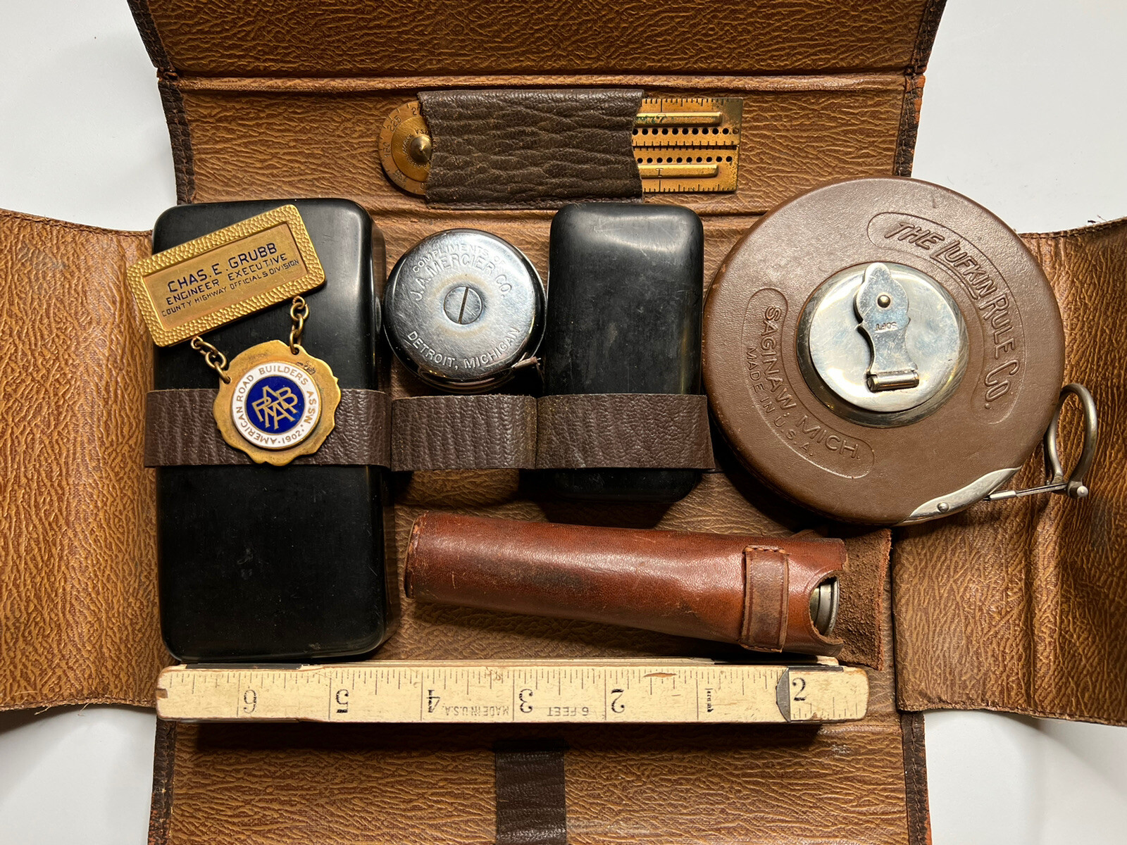 c. Early 1900s Charles. E. Grubb\'s Engineer Measuring Tool Kit and ARBA Medal