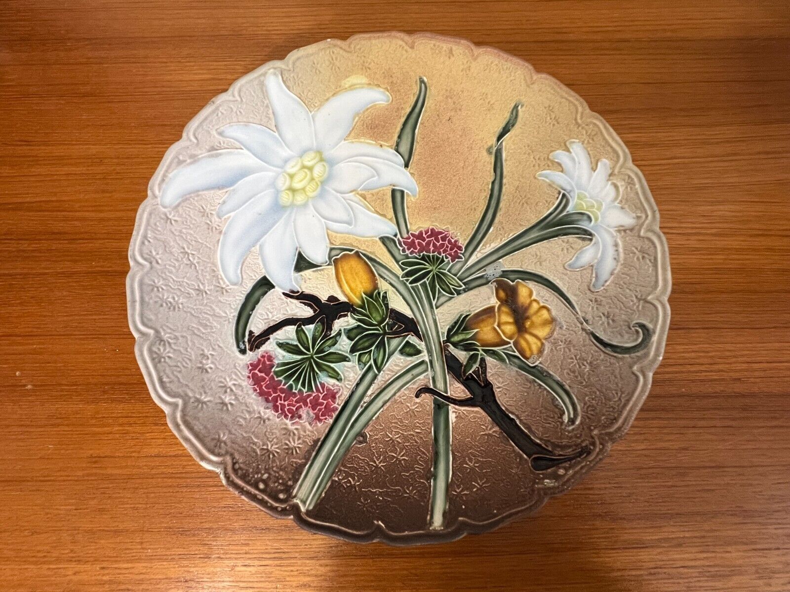 Vintage Maison J. Dimier Genève Maroquinerie Pottery Floral Wall Hanging Plate