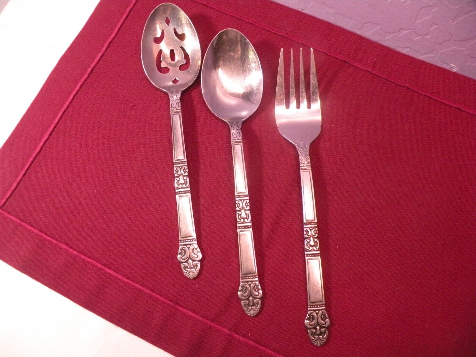 3 Piece Set ROGERS STAINLESS GRAND CROWN Serving fork Slotted & Solid Spoon