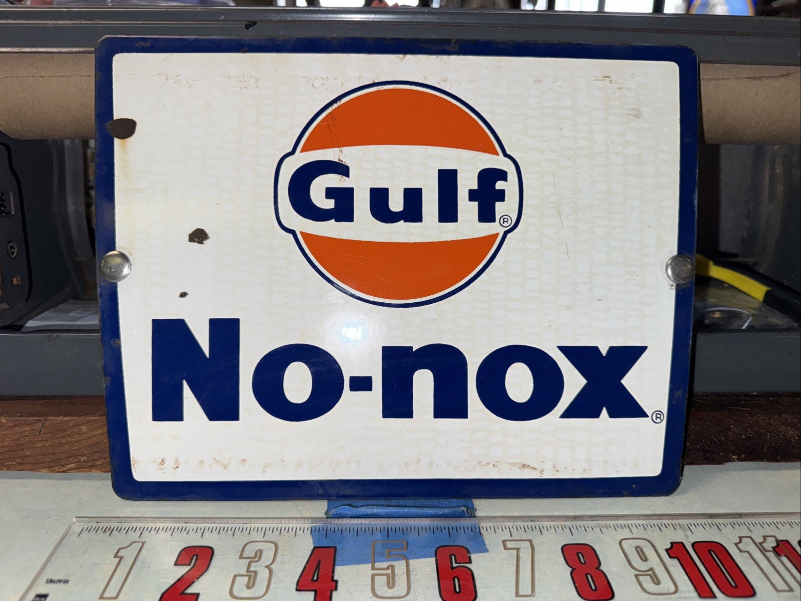 Vintage 1950’s GULF No-Nox porcelain pump plate sign gas station Early Tapered