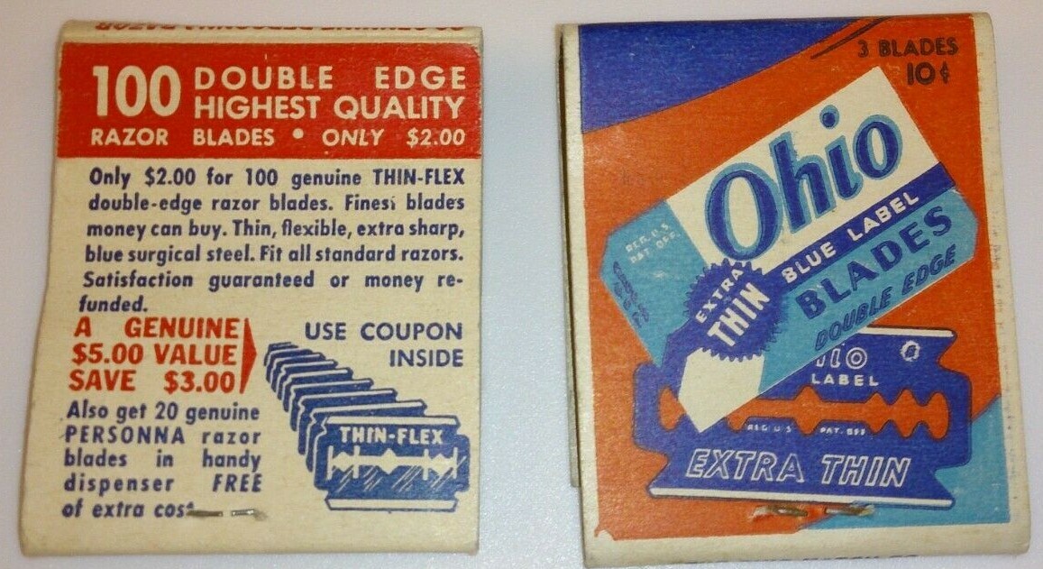 OHIO BLUE LABEL BLADES DOUBLE EDGE PERSONNA PLA SAFE VINTAGE LOT 2 MATCHBOOKS