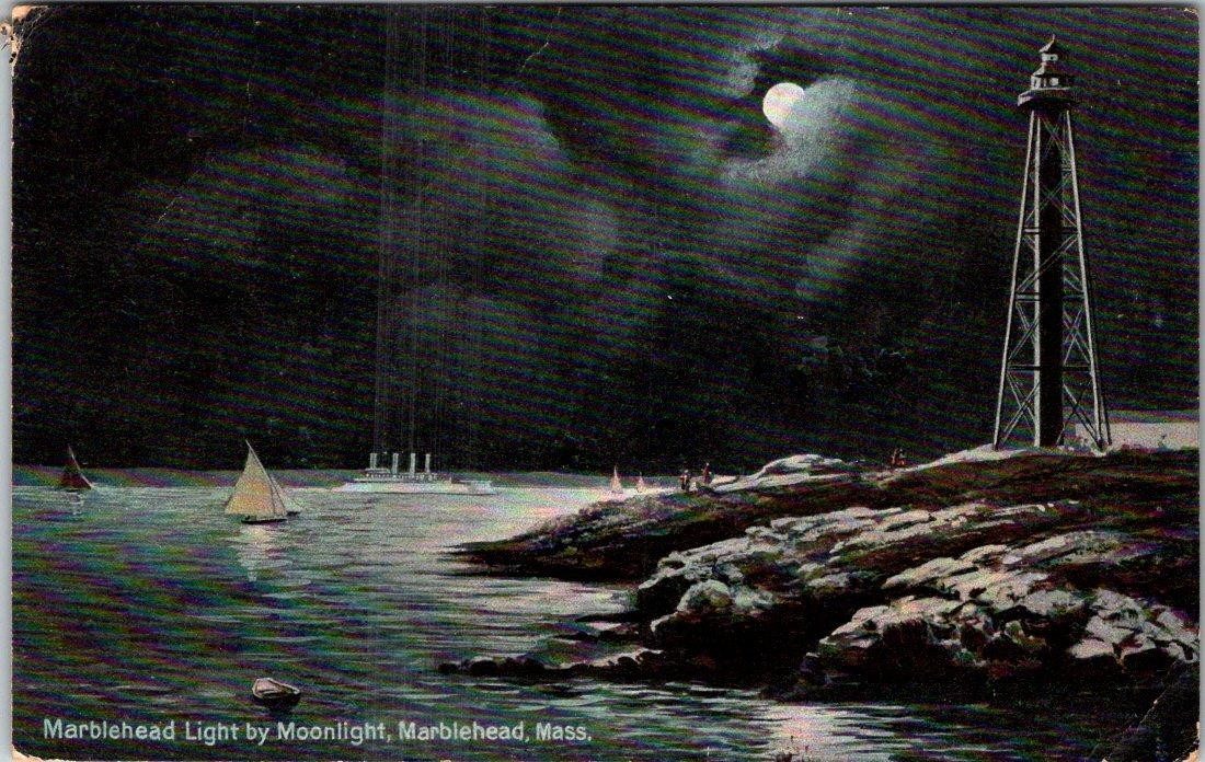 1908 LIGHTHOUSE by MOONLIGHT MARBLEHEAD MASSACHUSETTS ANTIQUE POSTCARD
