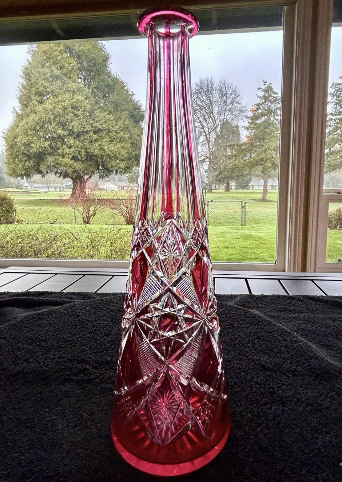 Baccarat Cranberry Cut To Clear Antique Decanter in Langy pattern. Baccarat Cranberry Cut To Clear Antique Decanter in Langy pattern.
