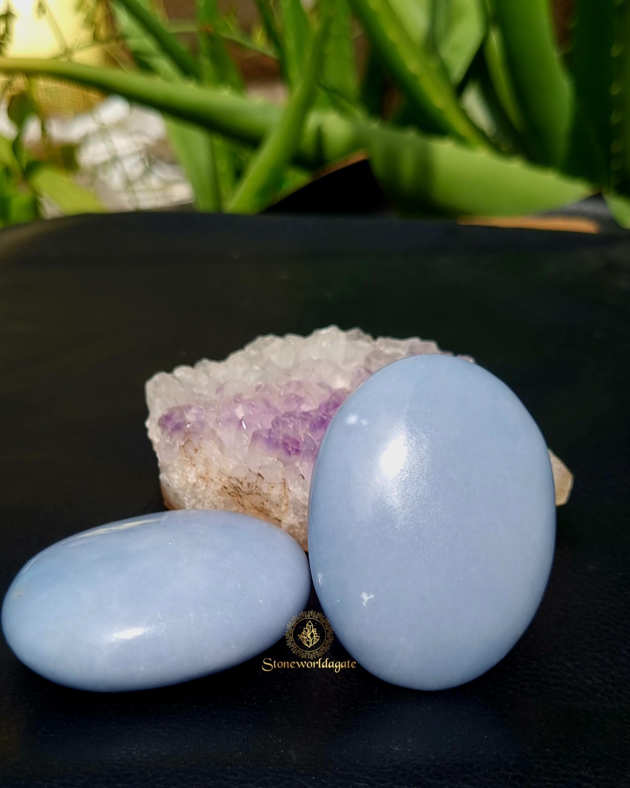 Angelite Large Palm Stone - Blue Crystal for Meditation, Reiki, Stress Relief