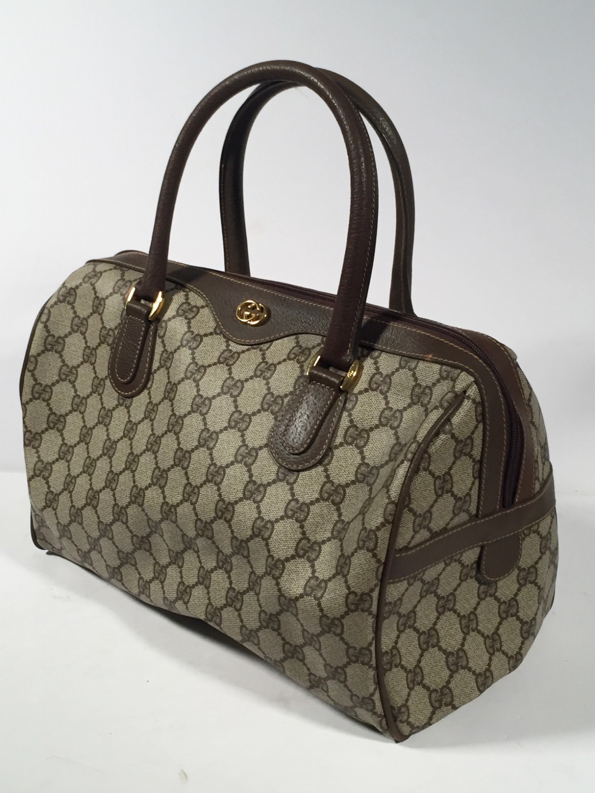 VTG GUCCI Web GG Monogram Brown Coated Leather Doctor Boston Purse  Bag Italy