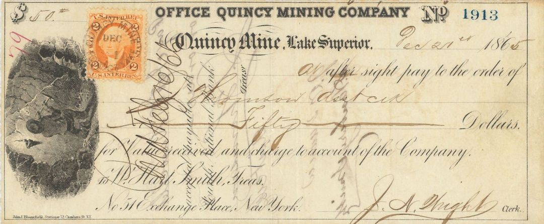 Office of Quincy Mining Co. - 1860\'s dated Check - Quincy Mine, Lake Superior, Office of Quincy Mining Co. - 1860\'s dated Check - Quincy Mine, Lake Superior,