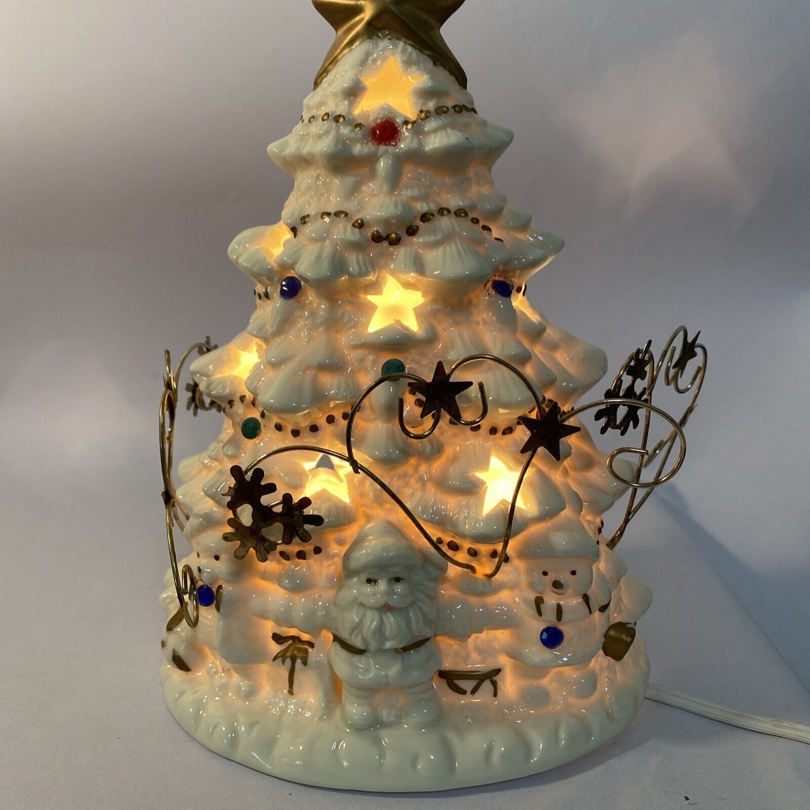 White Ivory Lighted Christmas Tree Gold Trim Santa Snowman Teddy Bear 8”