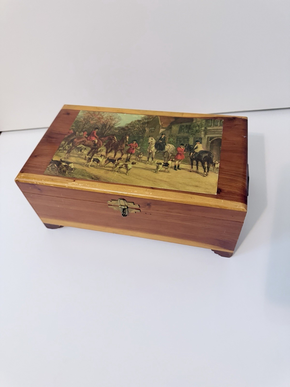 Antique vintage Wood cedar box English equestrian scene jewelry box Hinged Lid