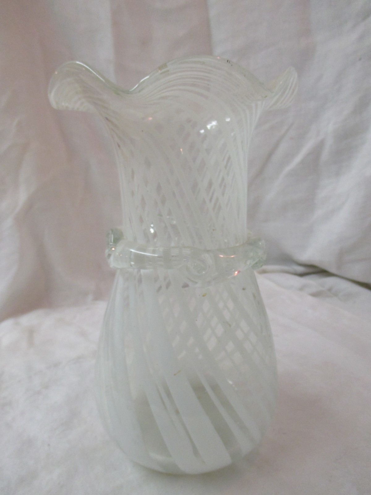 Antique Art Glass Hand Blown white Opalescent Swirl Vase applied Ribbon Band