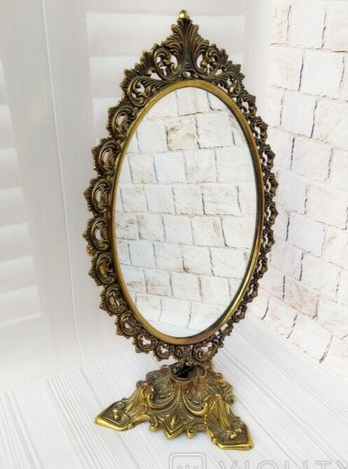 Antique Table Mirror Italy Bronzing Rare Stand Decor Women Art Movable Old 20th