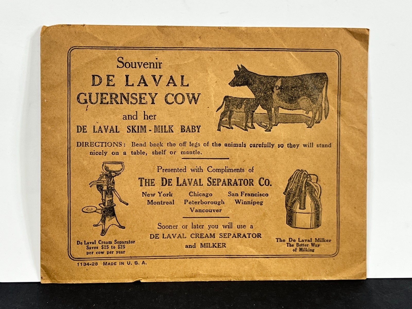 Antique 1925 De Laval Guernsey Cow Milk Seperator Premium ENVELOPE MAILER ONLY