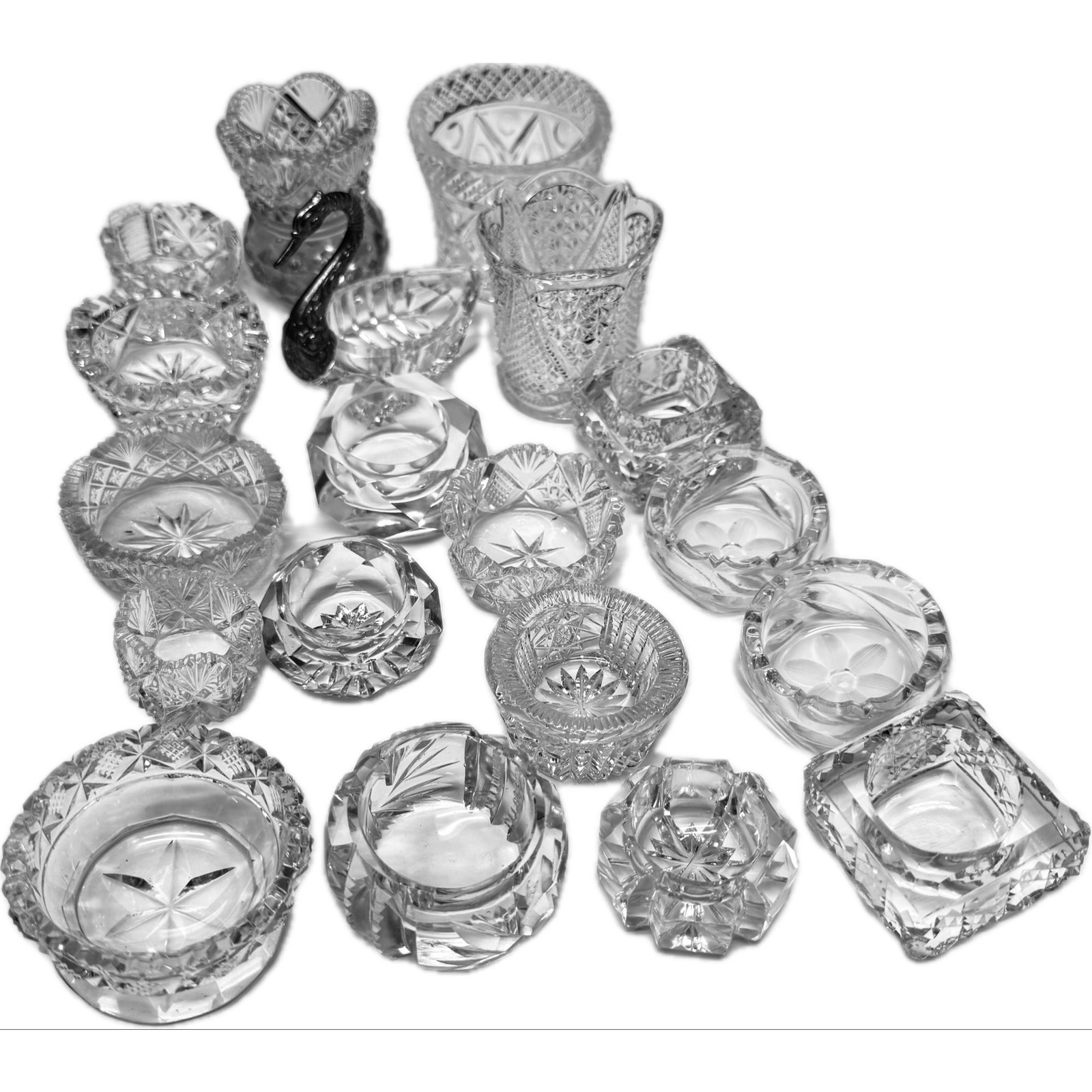 Lot of 19 Vintage Salt Cellars Open Dips Various Shapes Clear Pressed Cut Glass