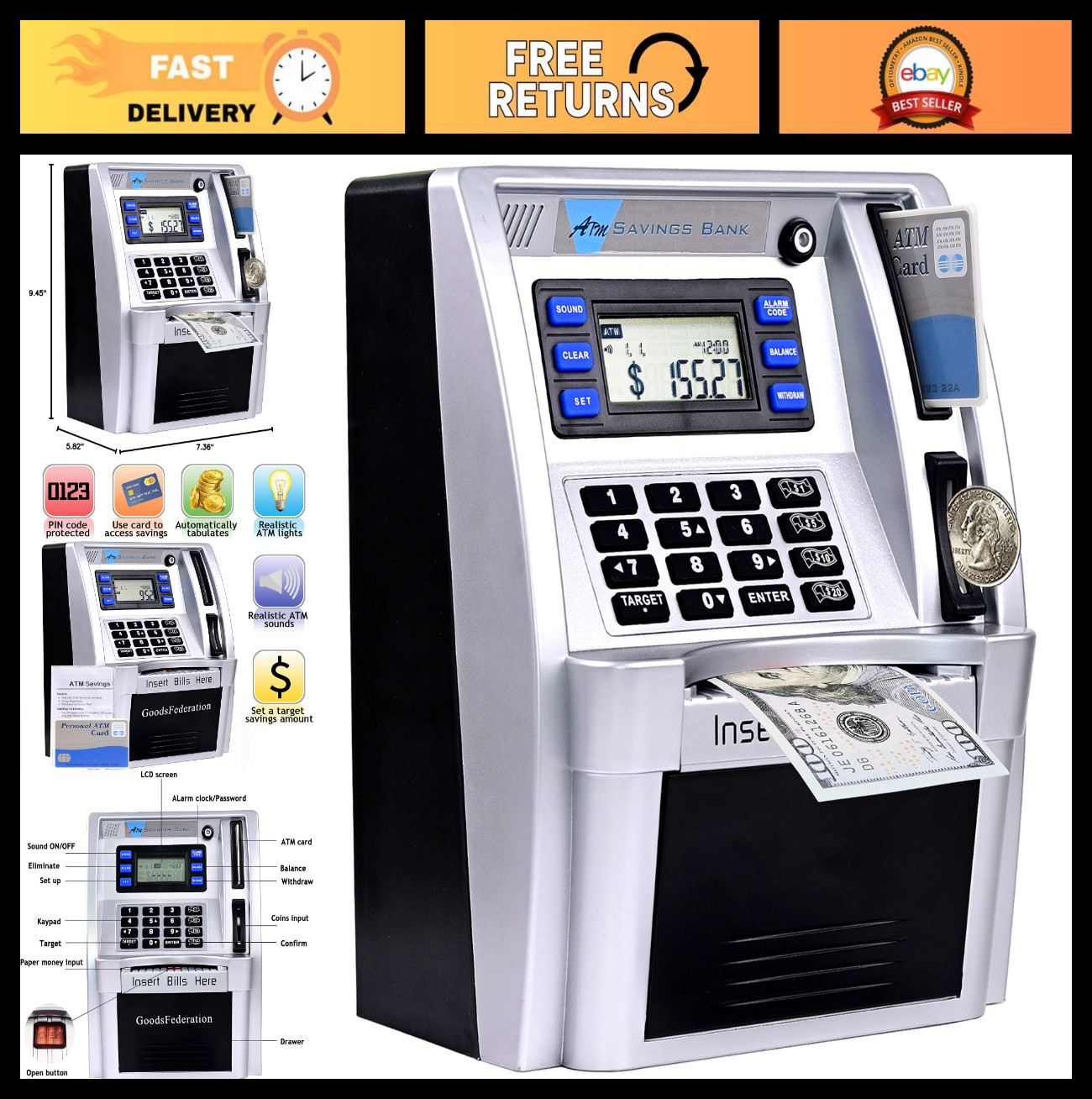 Electronic ATM Piggy Bank for Kids & Adults - Coin Recognition, Bill Feeder, Pas