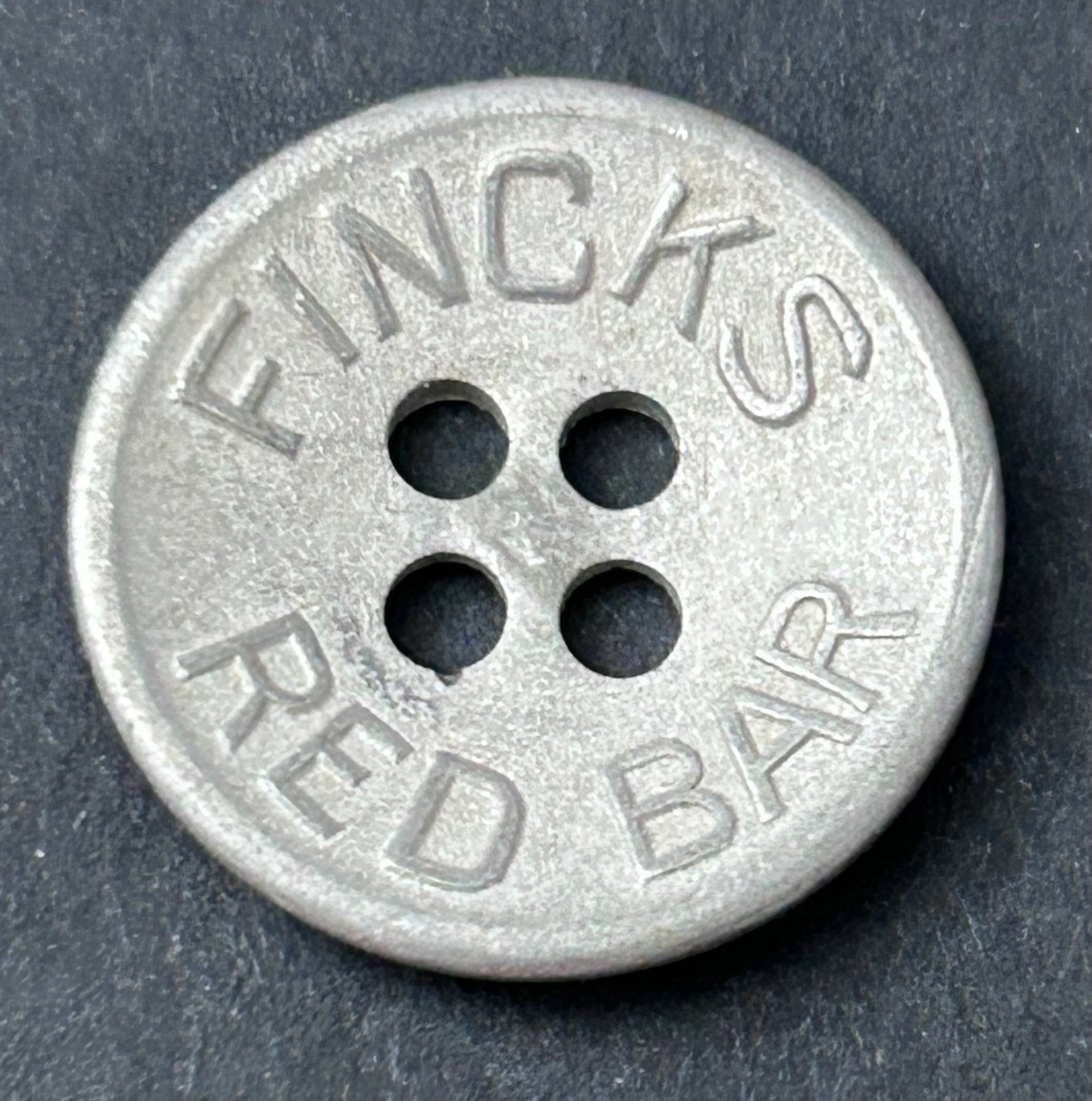 Vintage Fincks Red Bar Overall Button White Metal #1315