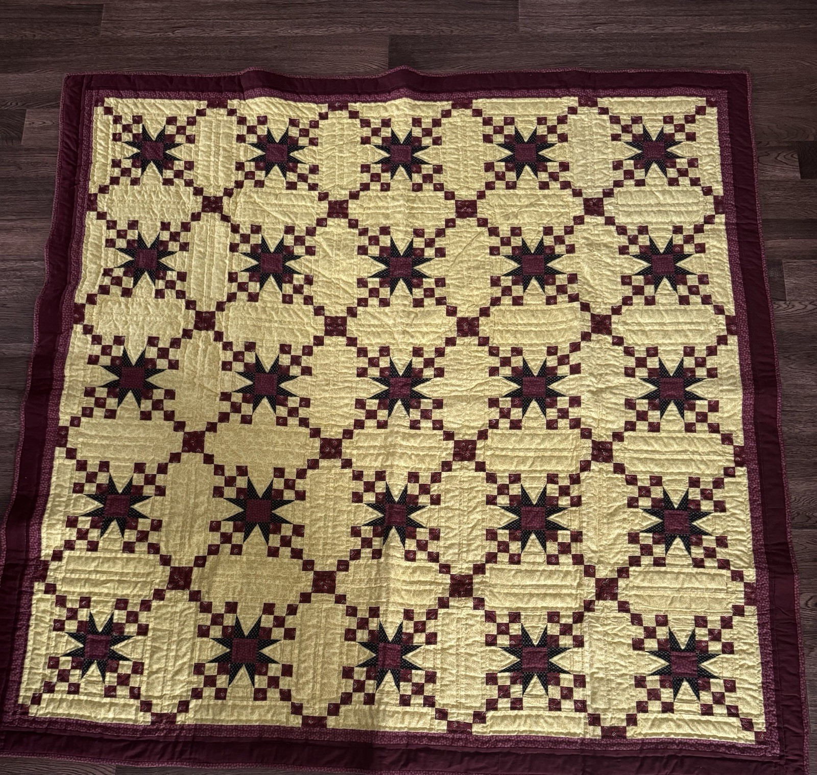Stunning Hand Quilted Patchwork Quilt 62x62 Star Irish Chain Burgundy Gold Vtg