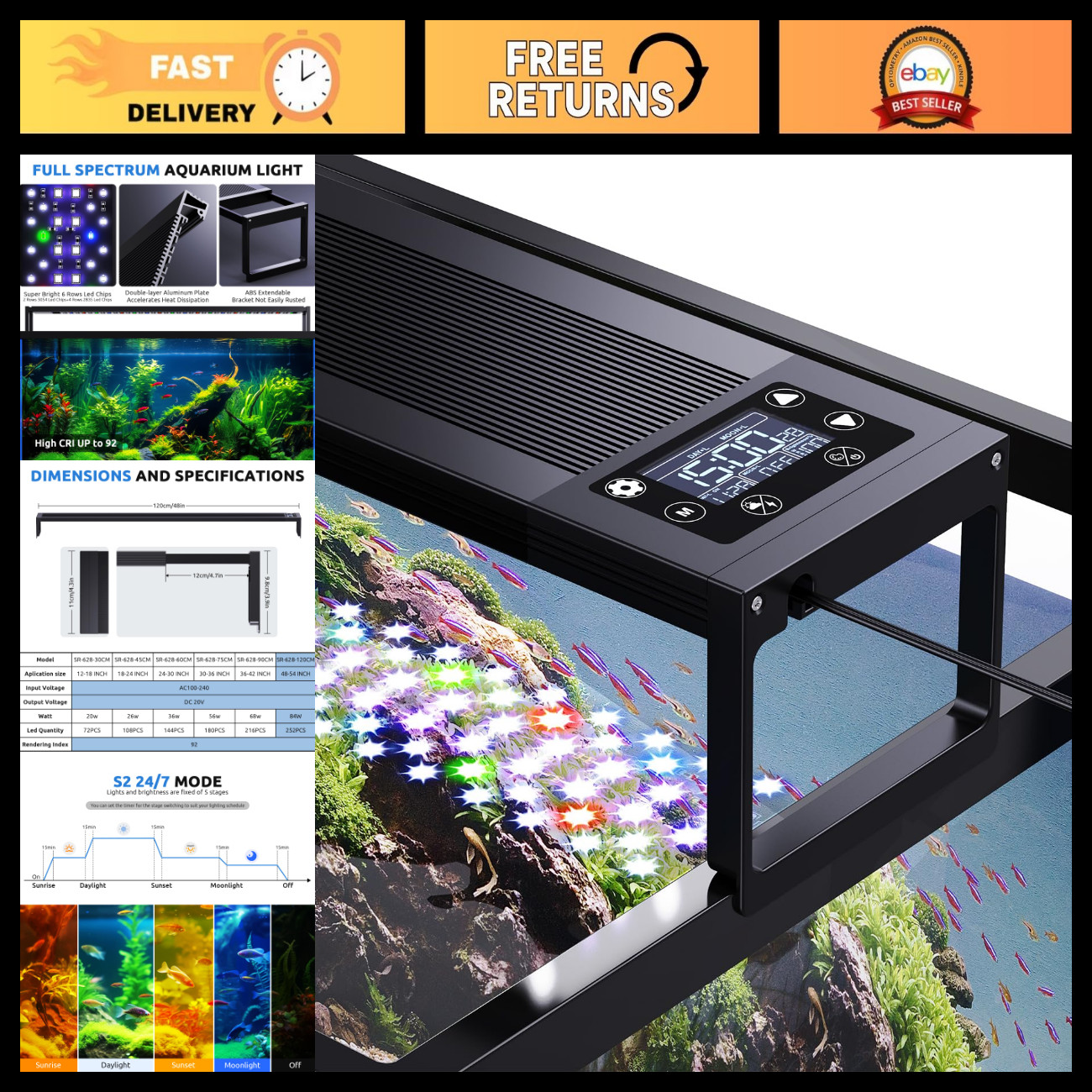 SEAOURA 24/7 LED Aquarium Light for Fish Tank Plant with Timer, 48-54 Inch
