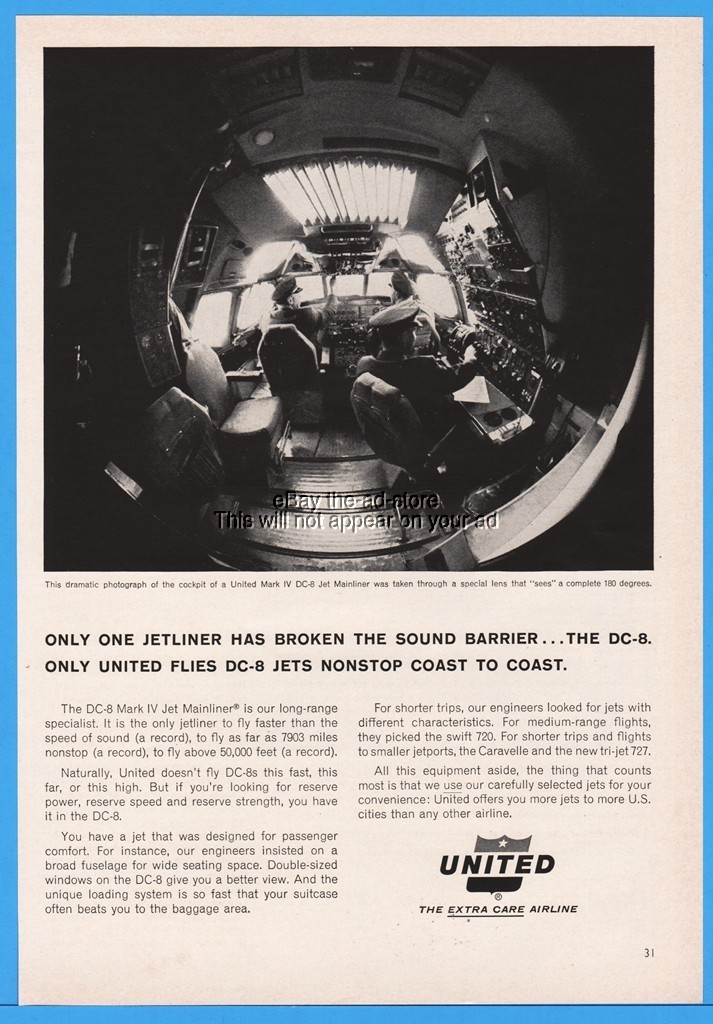 1964 United Airlines pilot DC-8 plane cockpit Fisheye photo Vintage Magazine Ad