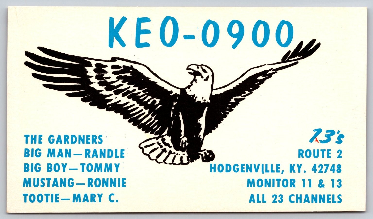 1974 KEO-0900 CB Radio QSL Postcard Hodgenville KY The Gardners Eagle B150 1974 KEO-0900 CB Radio QSL Postcard Hodgenville KY The Gardners Eagle B150