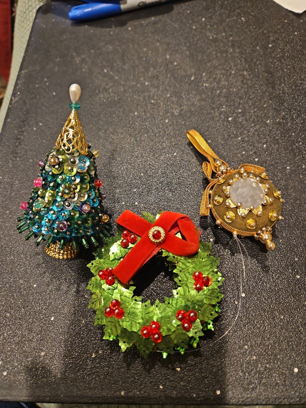 3 VTG Small Victorian Beaded Satin Velvet Push Pin Christmas Ornaments 3 VTG Small Victorian Beaded Satin Velvet Push Pin Christmas Ornaments