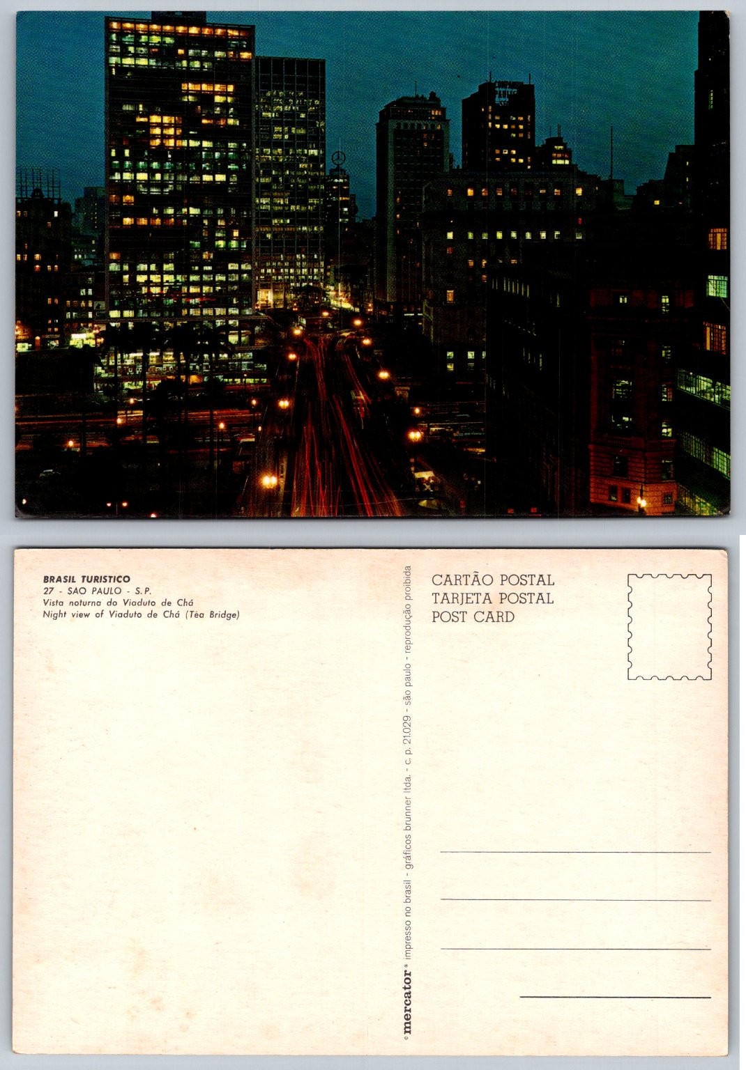 Vintage São Paulo Brazil Viaduto do Chá Night View Chrome Postcard
