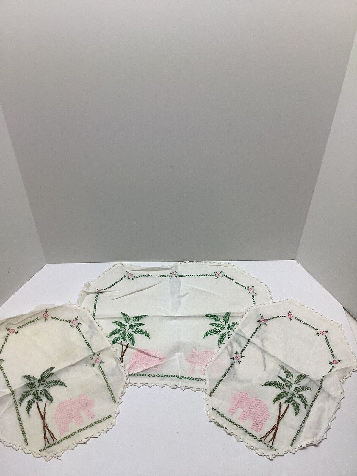 Set of 3 Vintage hand embroidered dresser table scarfs palm trees & animals