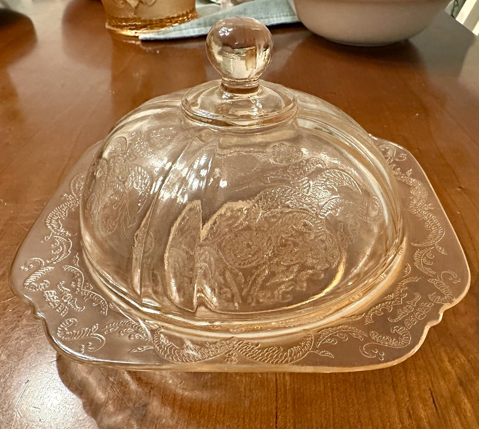 Vintage Pink Depression Glass Butter Dish Floral Pattern, Square Base, 2-Piece
