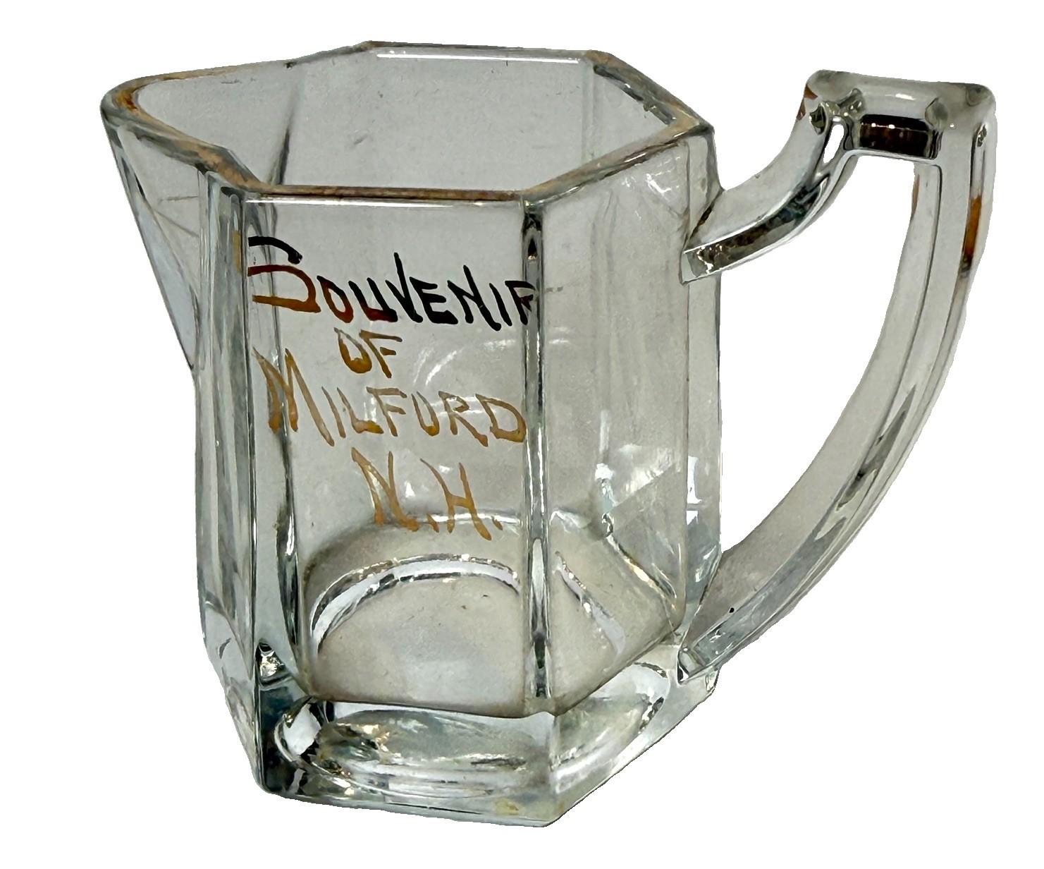 MILFORD NH NEW HAMPSHIRE Souvenir ANTIQUE CLEAR Glass TRINKET GOLD Creamer