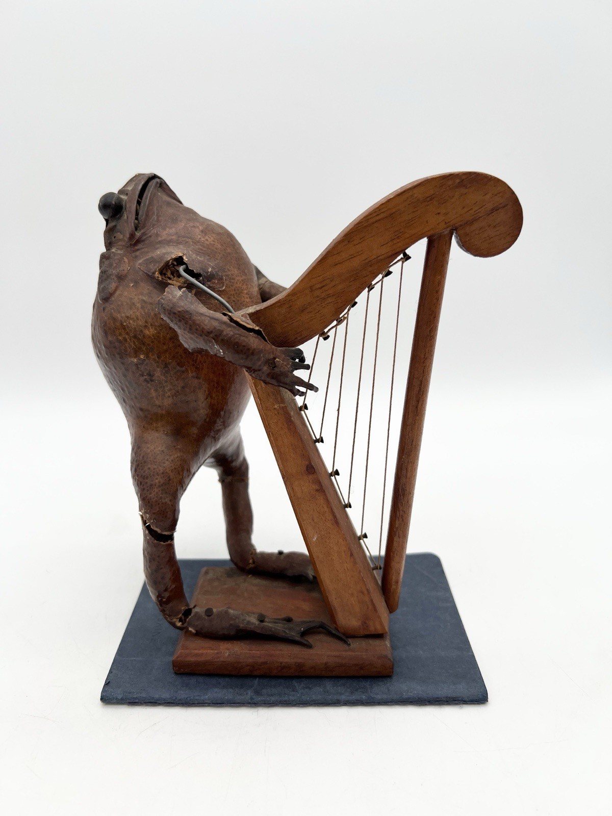 Vintage Mexican Taxidermy Frog Playing Harp Folk Art Figurine Damaged 7”