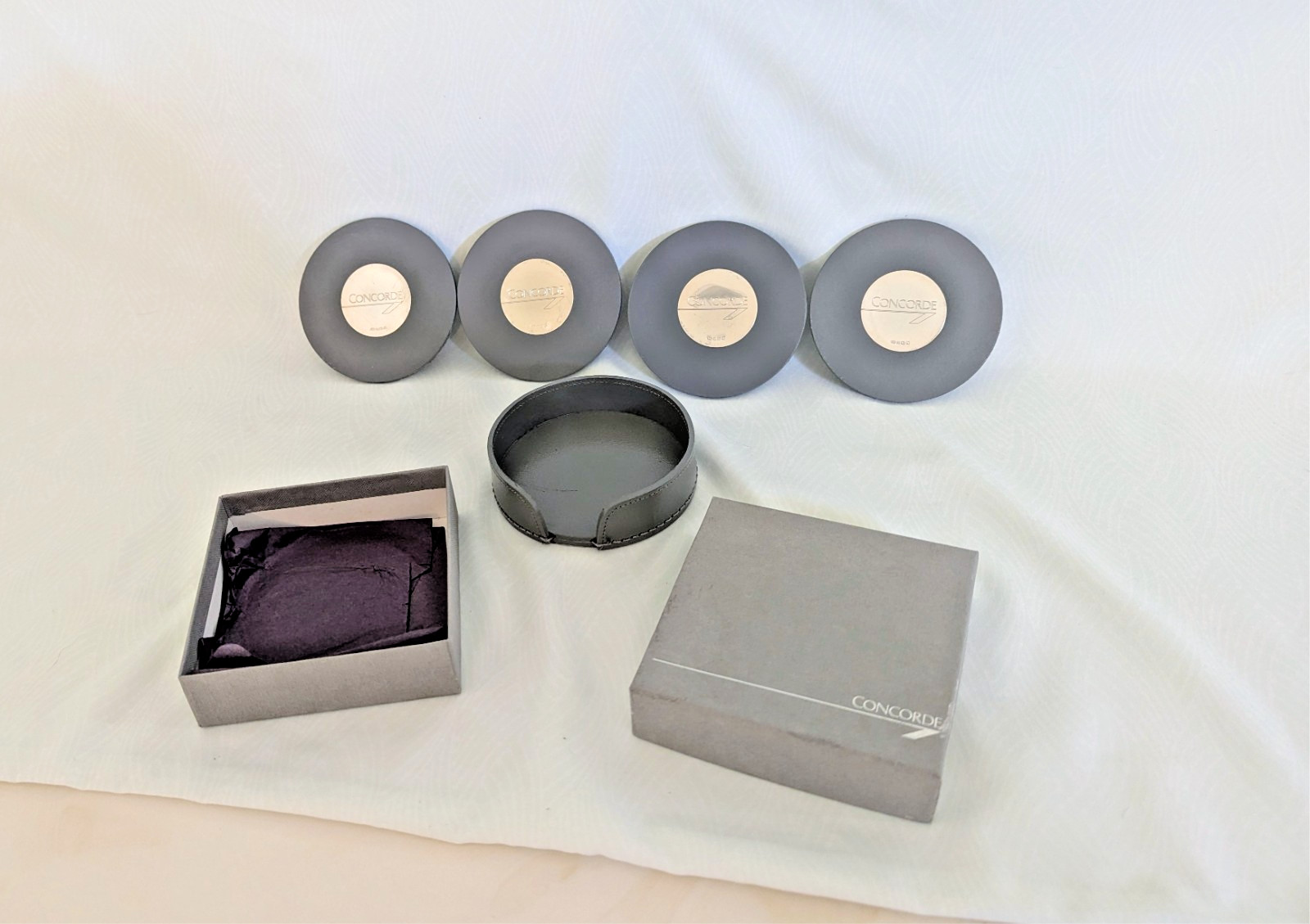 Vintage BA Concorde Leather Sterling Silver Coaster Set Boxed Executive Estate