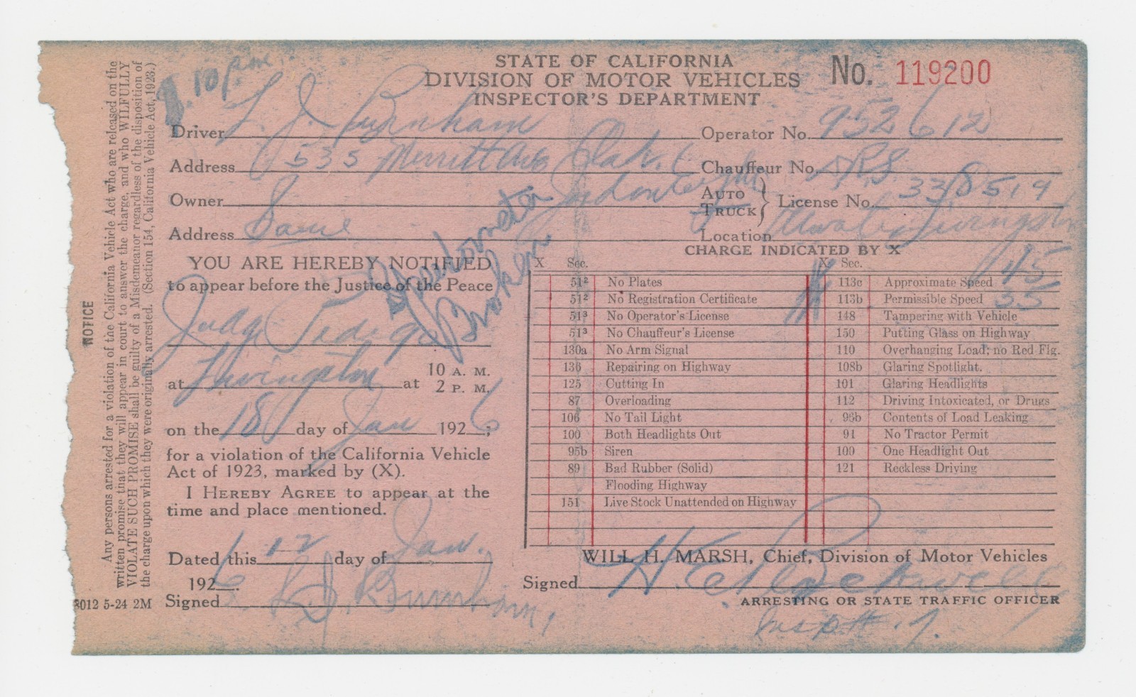 Vintage 1926 California DMV Traffic Citation Notice Speeding Arena Livingston CA