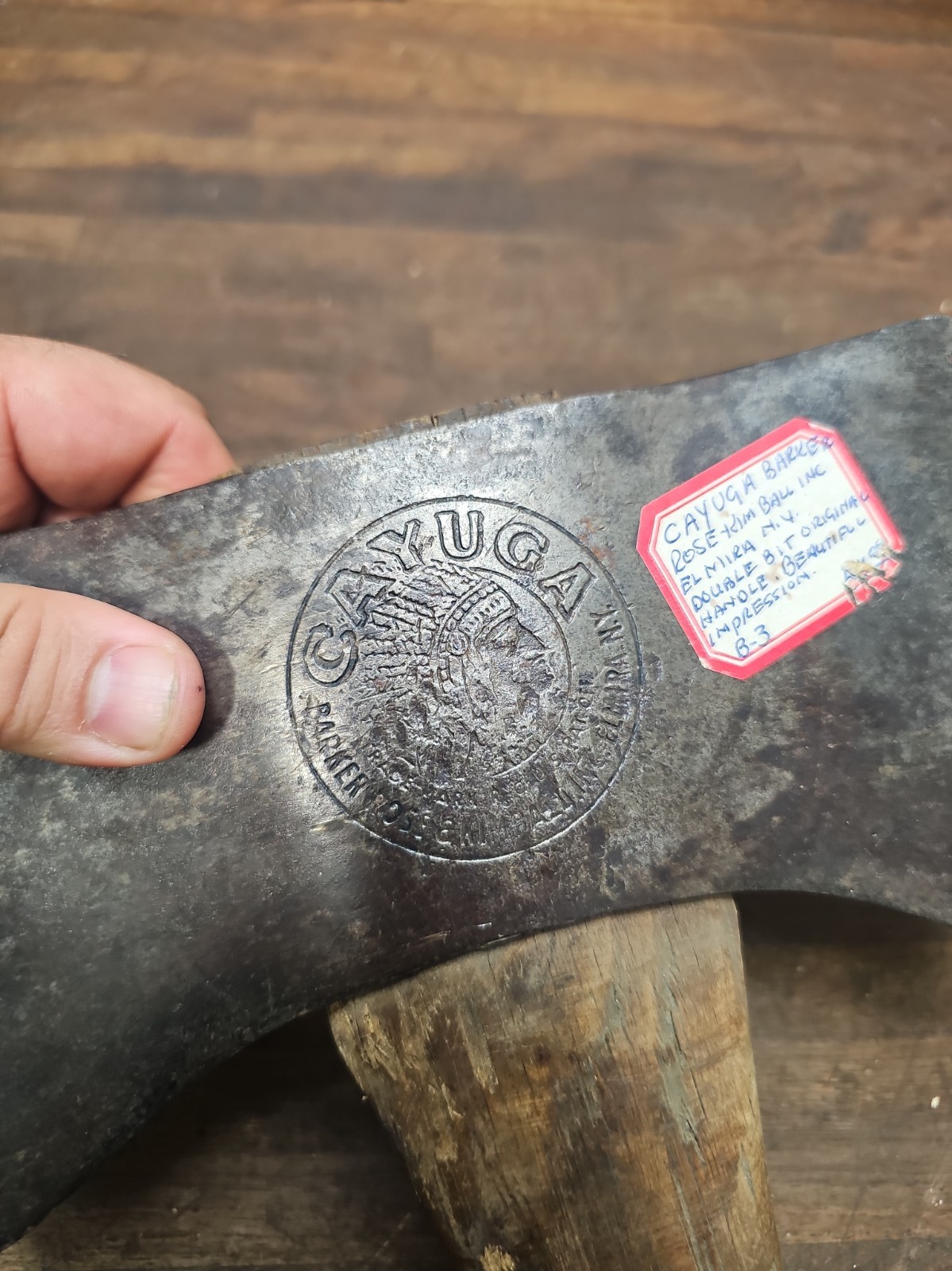 AC36- Antique embossed Cayuga Barker Rose Elmira Double Bit Axe  4 lb 11 oz