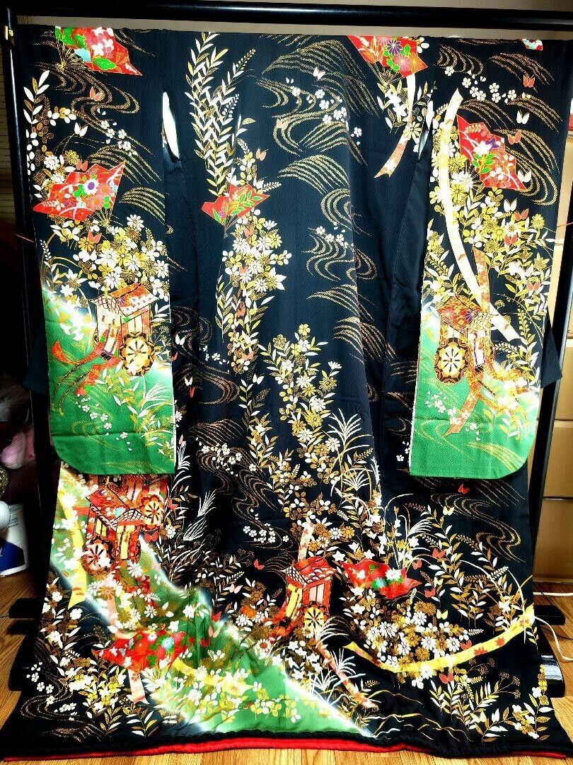 Japanese Kimono Uchikake Vintage Gorgeous wedding Auspicious pattern Gold (u48)