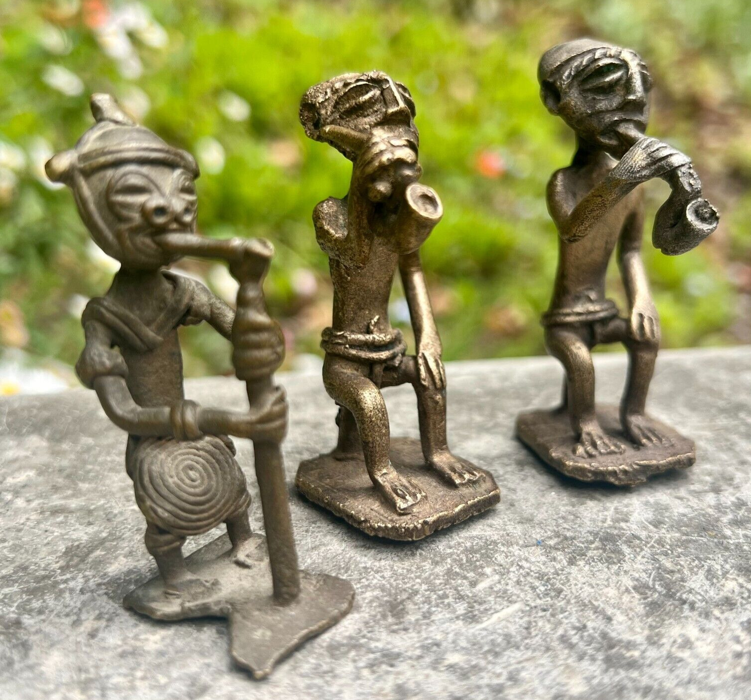 PRE-1900 LOT OF 3 AFRICAN GOLDWEIGHTS *PIPE SMOKERS* MINI SCULPTURES [GHANA]